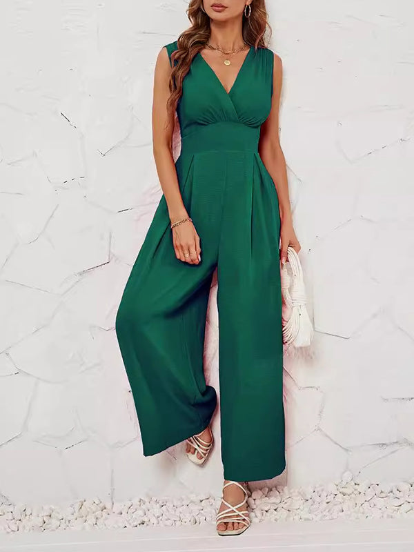 Loose Sleeveless Pleated Solid Color Split-Joint V-Neck Jumpsuits