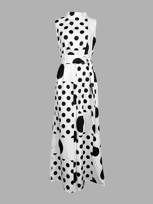 High Waisted Sleeveless Polka-Dot Mock Neck Jumpsuits