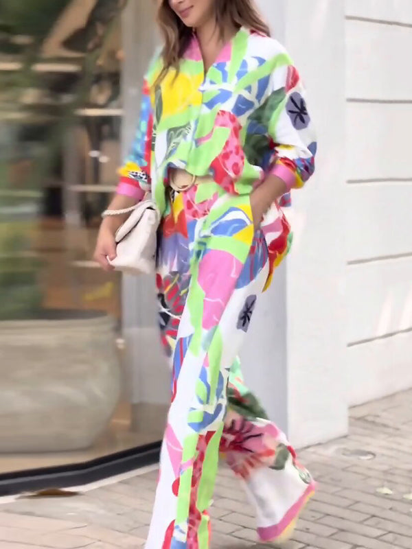 Contrast Color Printed Long Sleeves Buttoned Lapel Blouses Top+ High Waisted Pants Bottom Two Pieces Set