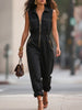 Loose Sleeveless Pockets Solid Color Zipper Lapel Jumpsuits