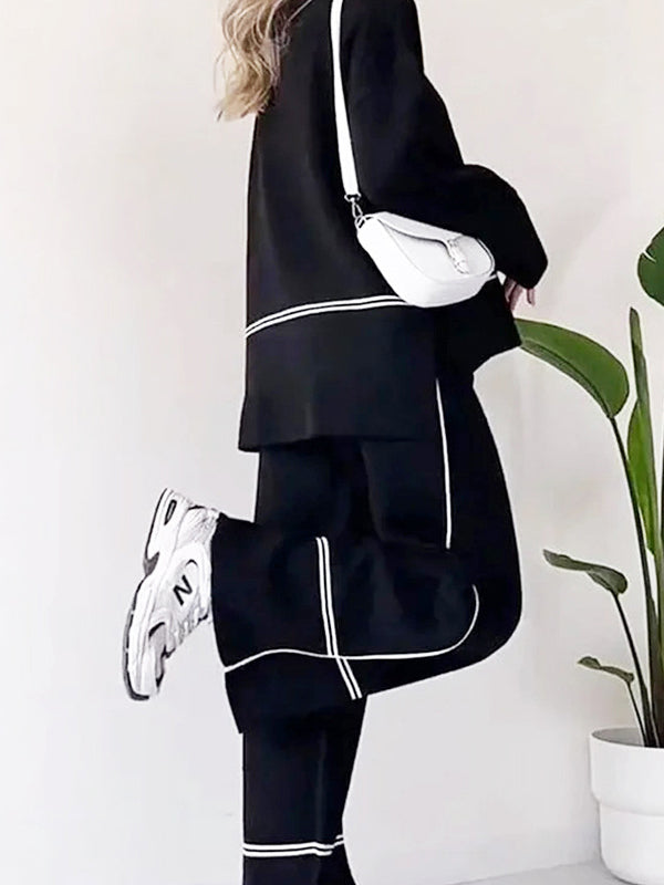 High-Low Contrast Color Split-Side Round-Neck Sweater Top + High Waisted Pants Bottom Two Pieces Set