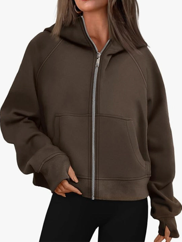 Hooded Long Sleeves Pockets Solid Color Zipper Jackets Outerwear