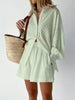 High-Low Long Sleeves Buttoned Jacquard Solid Color Lapel Shirts Top +Shorts Bottom Two Pieces Set
