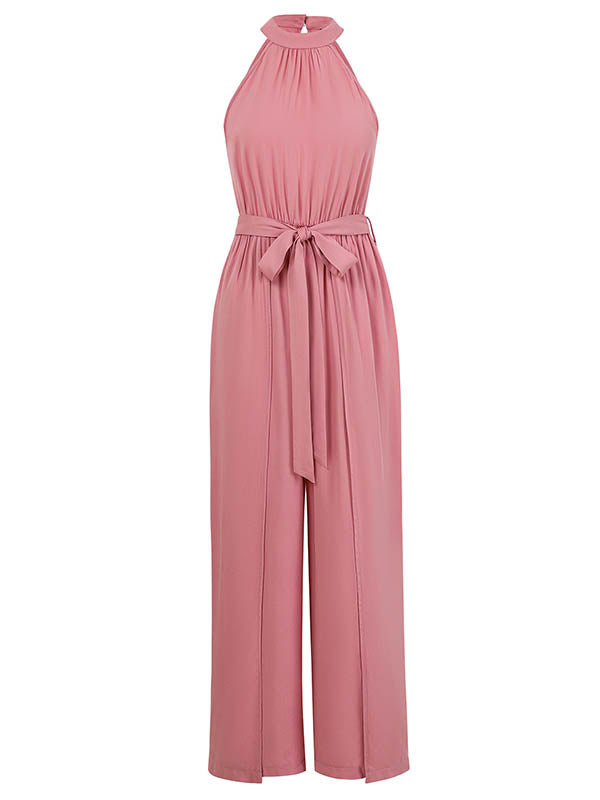 High Waisted Loose Pleated Solid Color Split-Front Tied Waist Halter-Neck Jumpsuits