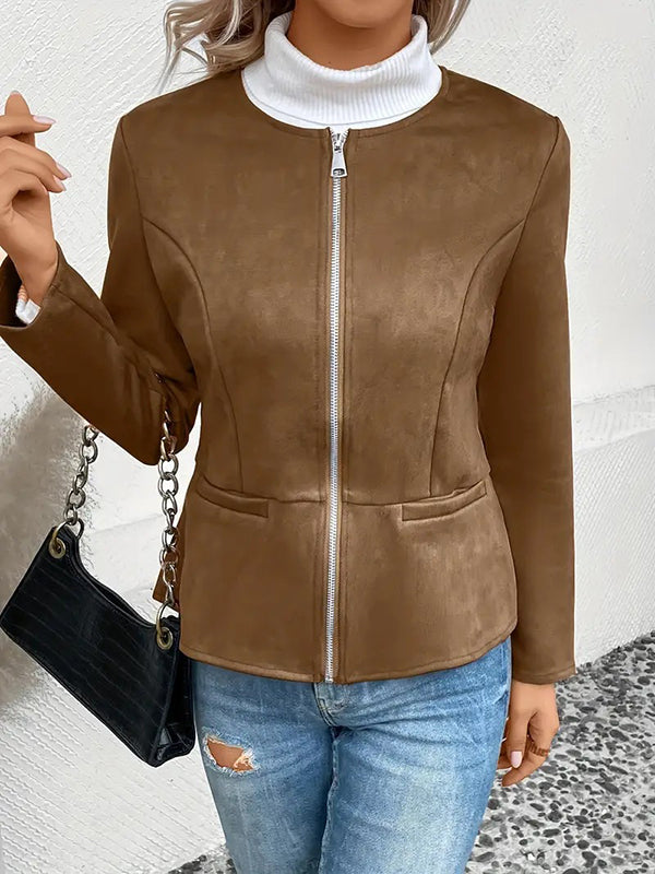 Long Sleeves Loose Pockets Solid Color Split-Joint Zipper Round-Neck Jackets Outerwear