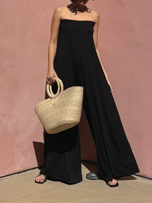 Sleeveless Wide Leg Elasticity Hollow Pleated Solid Color Tube Jumpsuits
