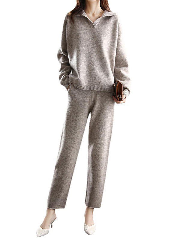 Solid Color Long Sleeves Loose Polo Sweater Top   Pants Bottom Two Pieces Set
