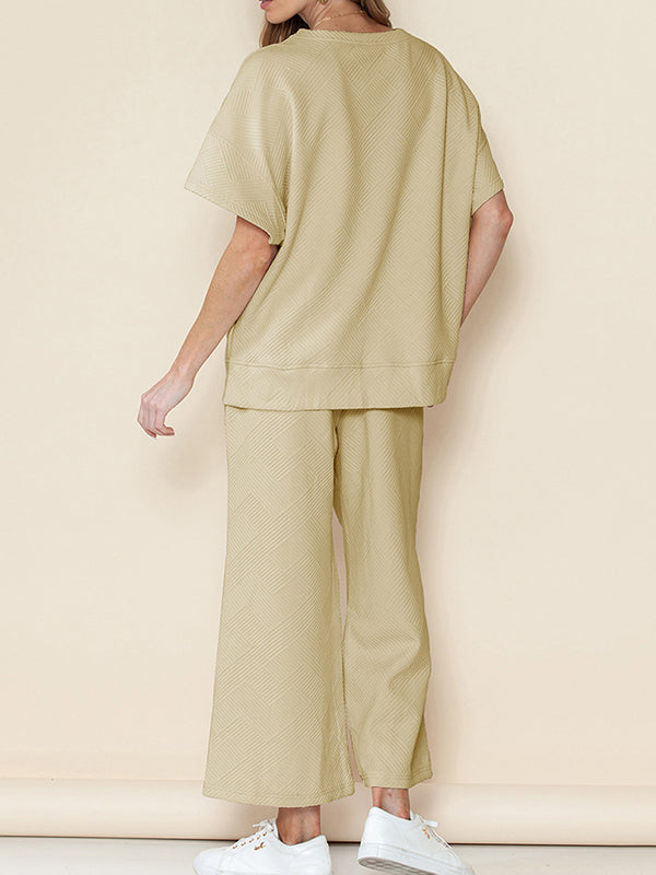 Loose Short Sleeves Solid Color Round-Neck T-Shirt Top + Drawstring Elasticity Pockets Pants Botttom Two Pieces Set