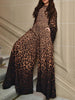 Flared Sleeves Long Sleeves Leopard Printed Round-Neck Jumpsuits
