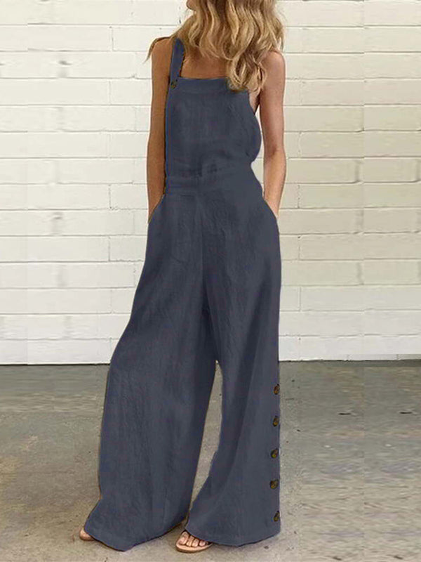 High Waisted Loose Buttoned Pockets Solid Color Spaghetti-Neck Overalls