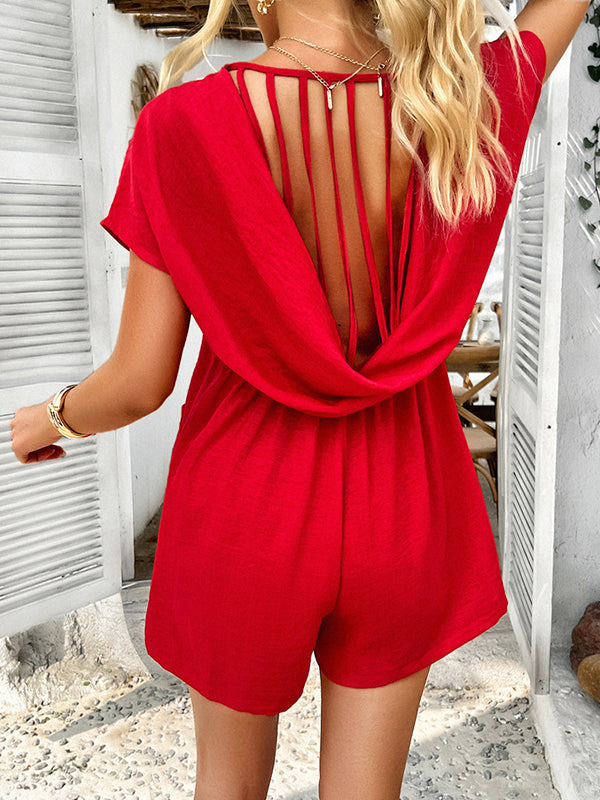 High Waisted Loose Backless Pockets Solid Color V-Neck Rompers