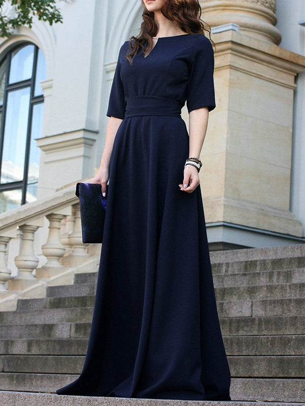 Half Sleeves High Waisted Solid Color Tied Waist V-Neck Maxi Dresses