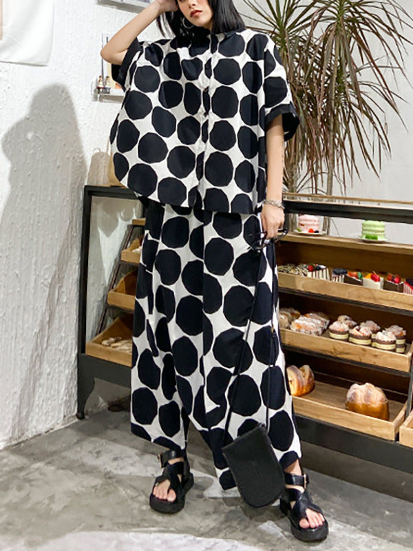 Batwing Sleeves Buttoned Polka-Dot Round-Neck Shirts Top + Elasticity Pockets Harem Pants Pants Bottom Two Pieces Set