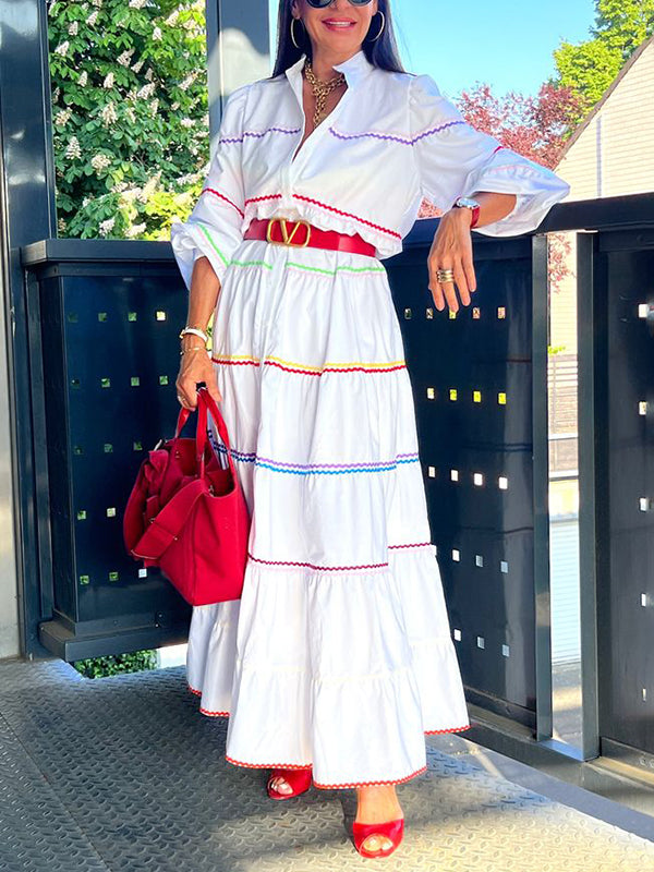 A-Line Long Sleeves Buttoned Contrast Color Elasticity Mock Neck Maxi Dresses