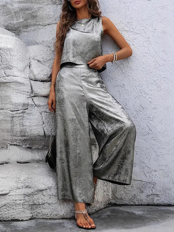 Loose Sleeveless Hollow Shiny Split-Joint Round-Neck Vest Top + Pants Bottom Two Pieces Set