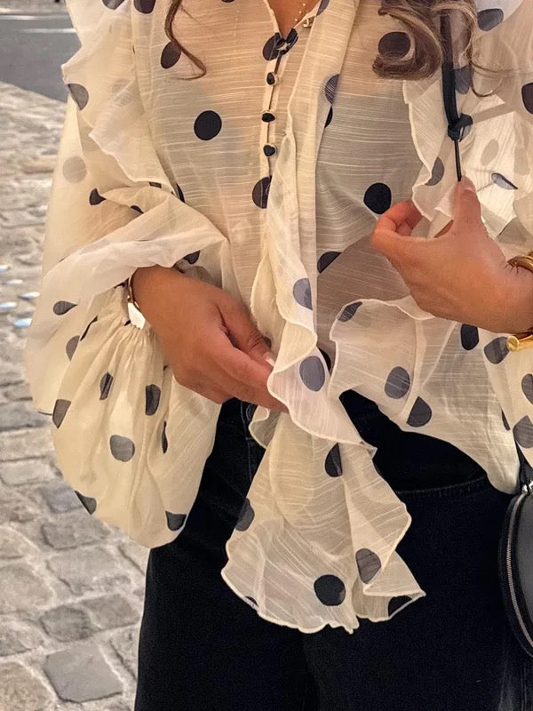 Long Sleeves Loose Buttoned Elasticity Polka-Dot Ruffle Trim See-Through V-Neck Blouses&Shirts Tops