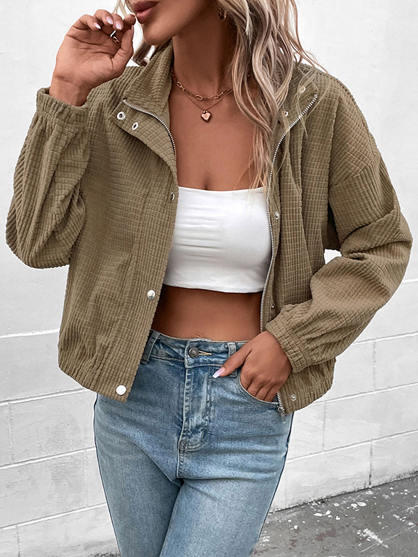 Long Sleeves Loose Buttoned Solid Color Zipper Lapel Jackets