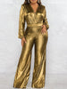 Bodycon High Waisted Elasticity Shiny Solid Color V-Neck Jumpsuits