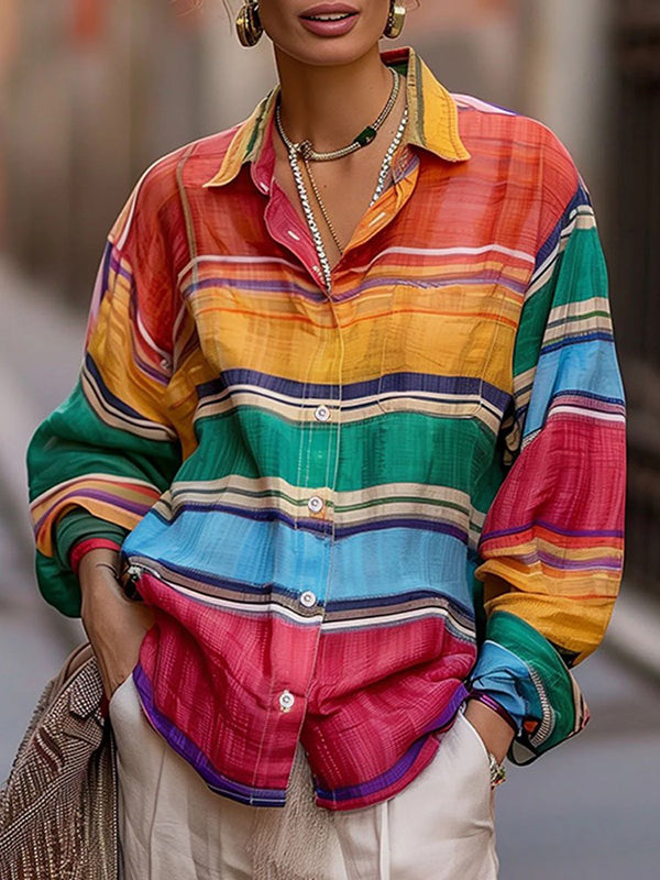 Long Sleeves Loose Buttoned Contrast Color Lapel Blouses&Shirts Tops