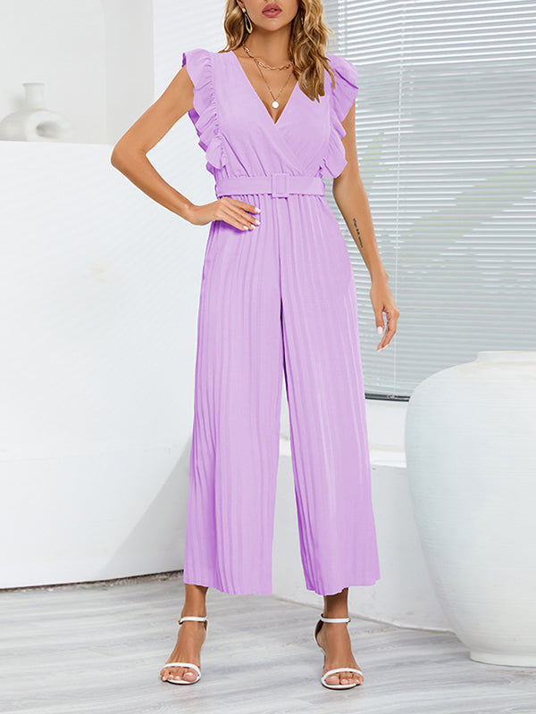 High Waisted Loose Belted Pleated Ruffled Solid Color V-Neck Jumpsuits