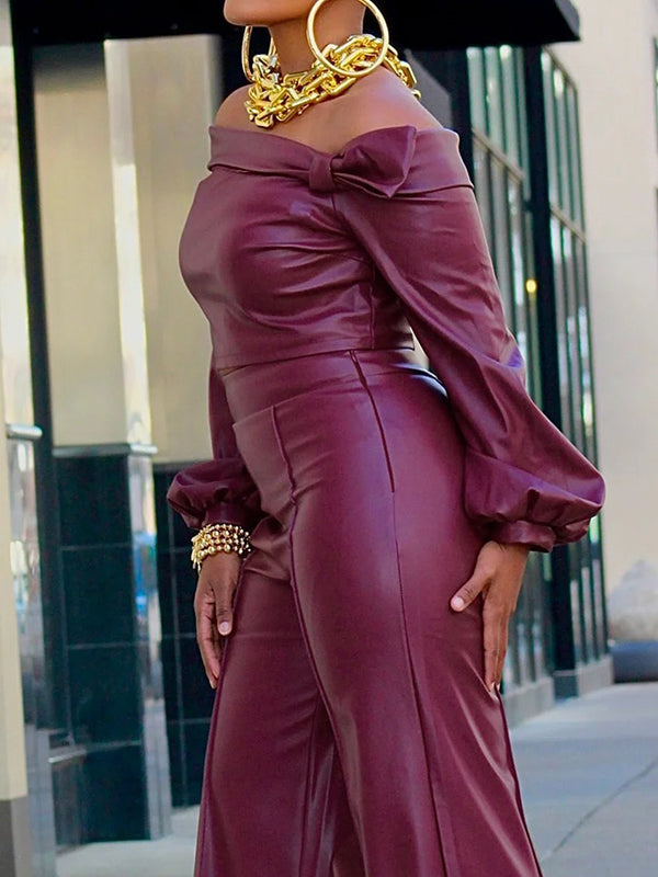 Long Sleeves Puff Sleeves Asymmetric Knot Solid Color Off-The-Shoulder Shirts Top + Pants Bottom Two Pieces Set