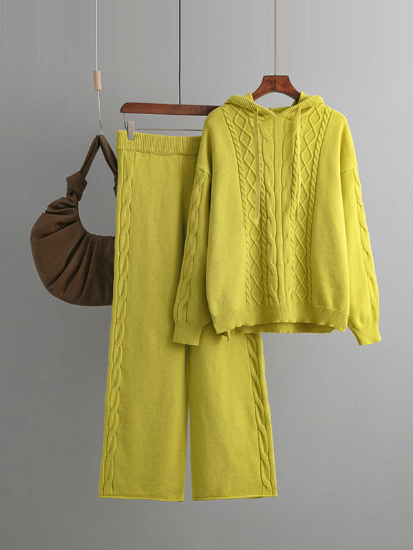 Urban Loose Solid Color Hooded High-Low Sweater Tops & Wide Leg Pants Two Pieces Set