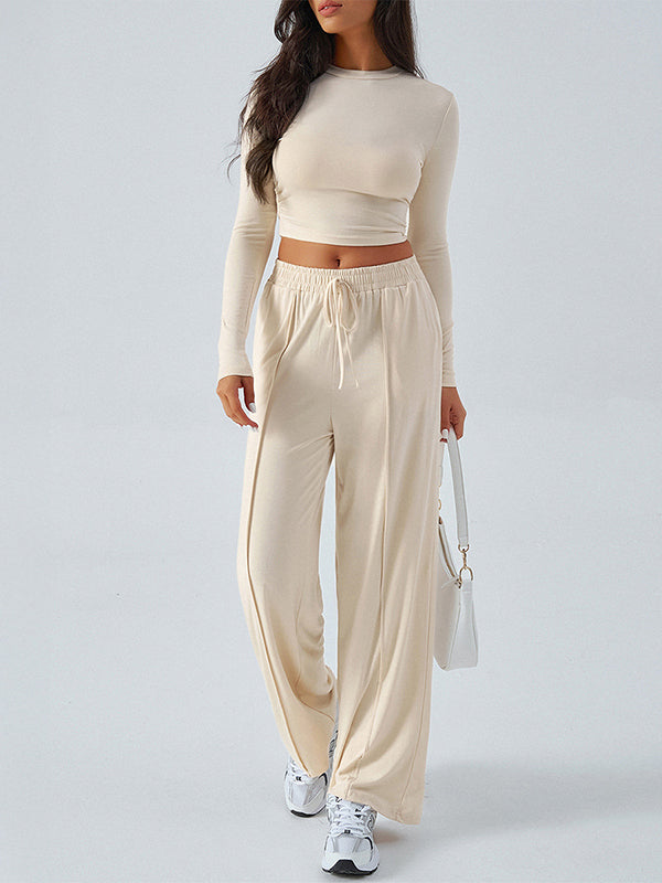 Long Sleeves Loose Solid Color Round-Neck T-Shirt Top + Drawstring Elasticity Pockets Pants Bottom Two Pieces Set