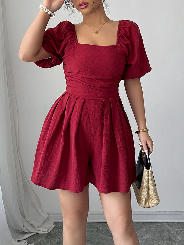 A-Line Half Sleeves Elasticity Pleated Solid Color Square-Neck Rompers