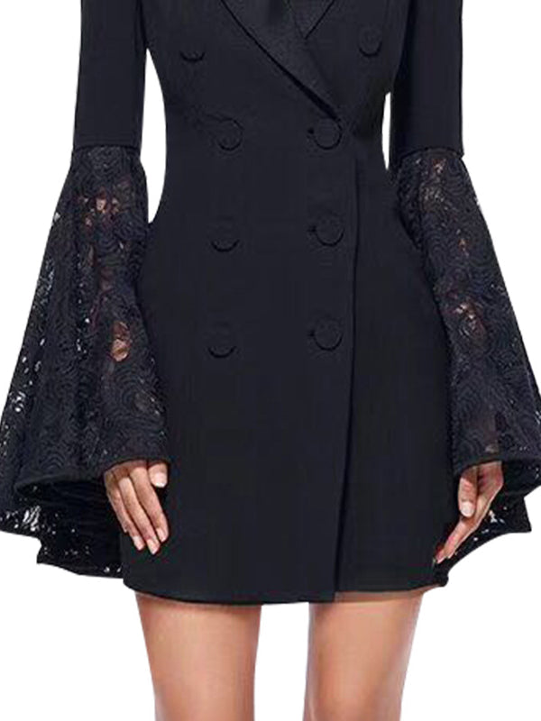 Flared Sleeves Long Sleeves Asymmetric Buttoned Solid Color Split-Joint Notched Collar Blazer Outerwear