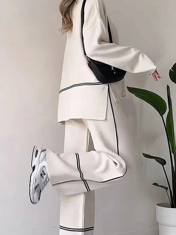 High-Low Contrast Color Split-Side Round-Neck Sweater Top + High Waisted Pants Bottom Two Pieces Set