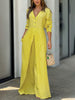 High Waisted Long Sleeves Buttoned Pockets Solid Color V-Neck Jumpsuits