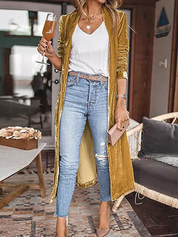 Long Sleeves Loose Pockets Solid Color Split-Joint Velvet Collarless Outerwear