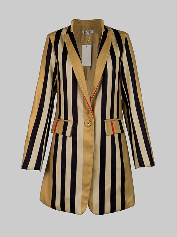 Long Sleeves Loose Buttoned Split-Joint Striped Stand Collar Woolen Coat