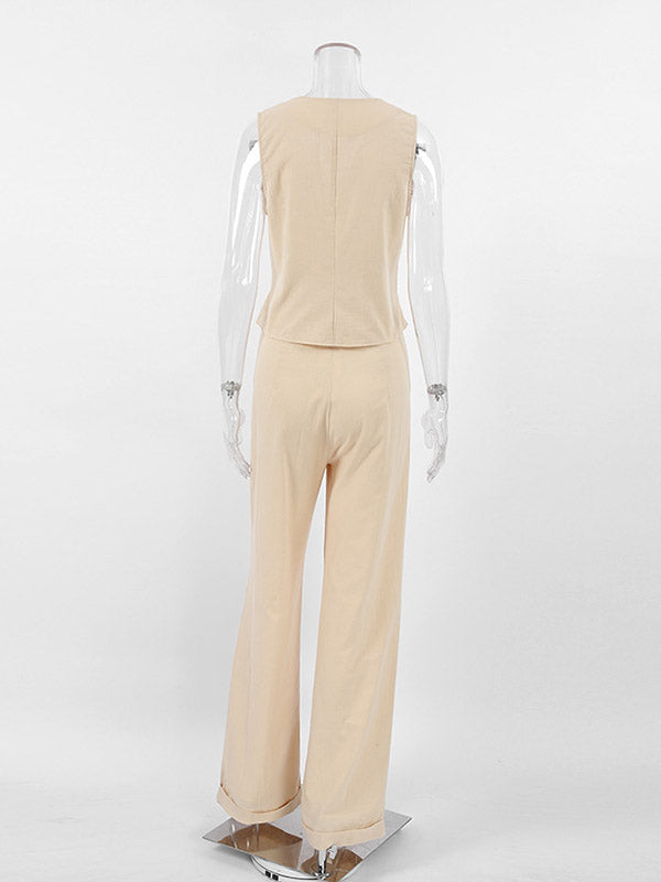Loose Solid Color Split-Joint V-Neck Top+ Pleated High Waisted Vest Top + Pants Bottom Two Pieces Set