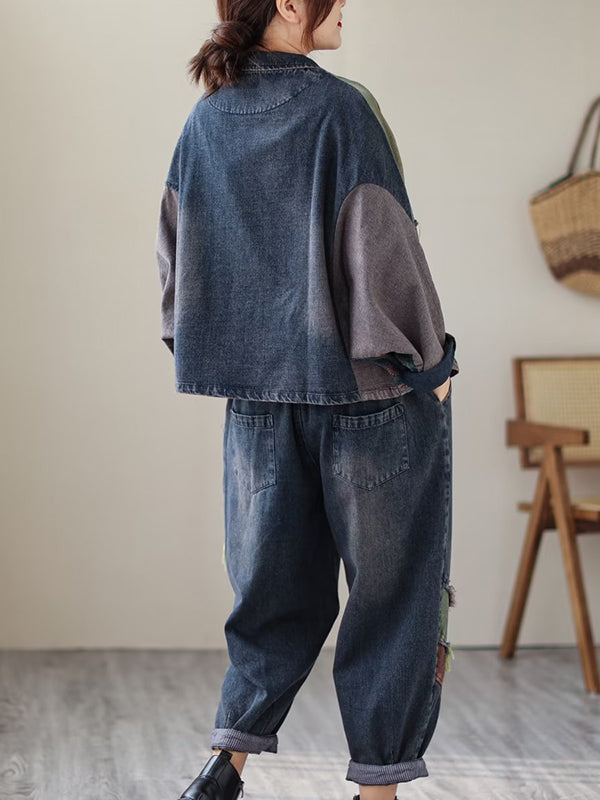 Contrast Color Fringed Split-Joint Long Sleeves Printed Outwear + Harem Pants  Two Pieces Set