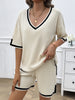 Half Sleeves Loose Contrast Color V-Neck T-Shirt Top + Shorts Bottom Sweater Two Pieces Set