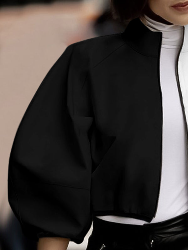 Loose Puff Sleeves Contrast Color Split-Joint Stand Collar Outerwear