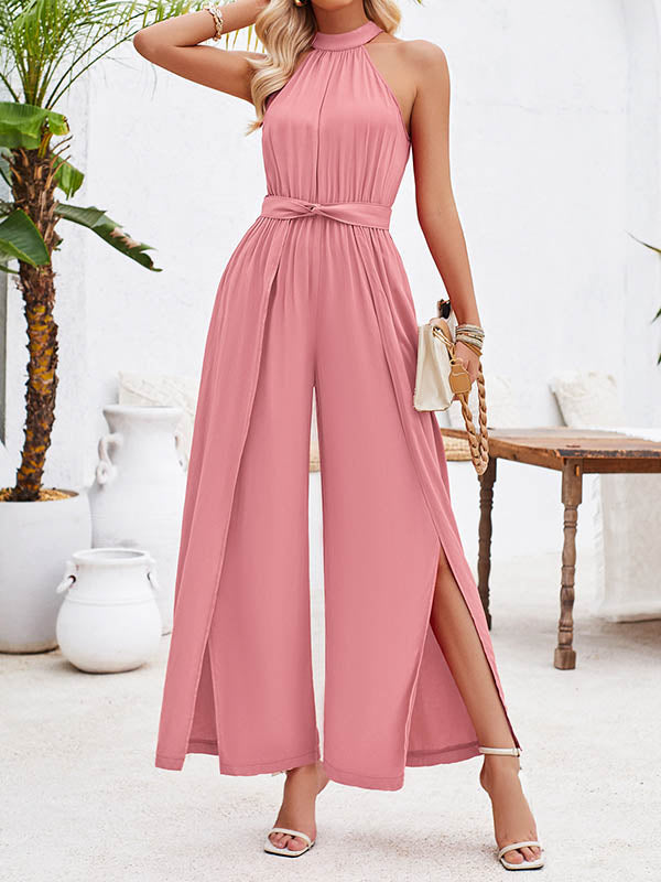 High Waisted Loose Pleated Solid Color Split-Front Tied Waist Halter-Neck Jumpsuits