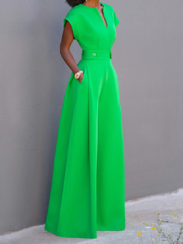 Cap Sleeve Wide Leg Solid Color Jumpsuits