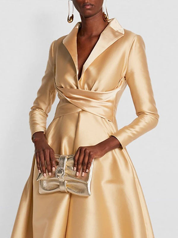 A-Line High Waisted Pleated Solid Color V-Neck Maxi Dresses