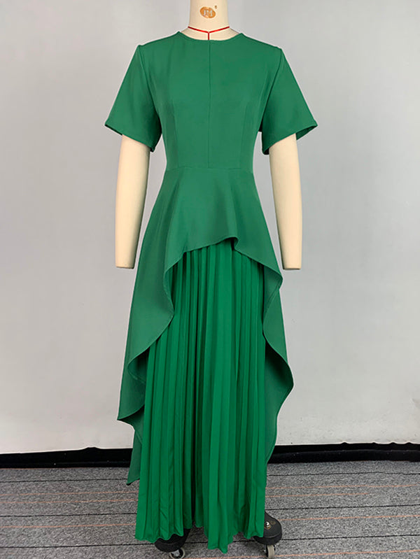 A-Line High Waisted Pleated Solid Color Split-Joint Round-Neck Maxi Dresses