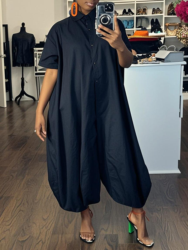 Half Sleeves Loose Buttoned Elasticity Pockets Solid Color Lapel Jumpsuits