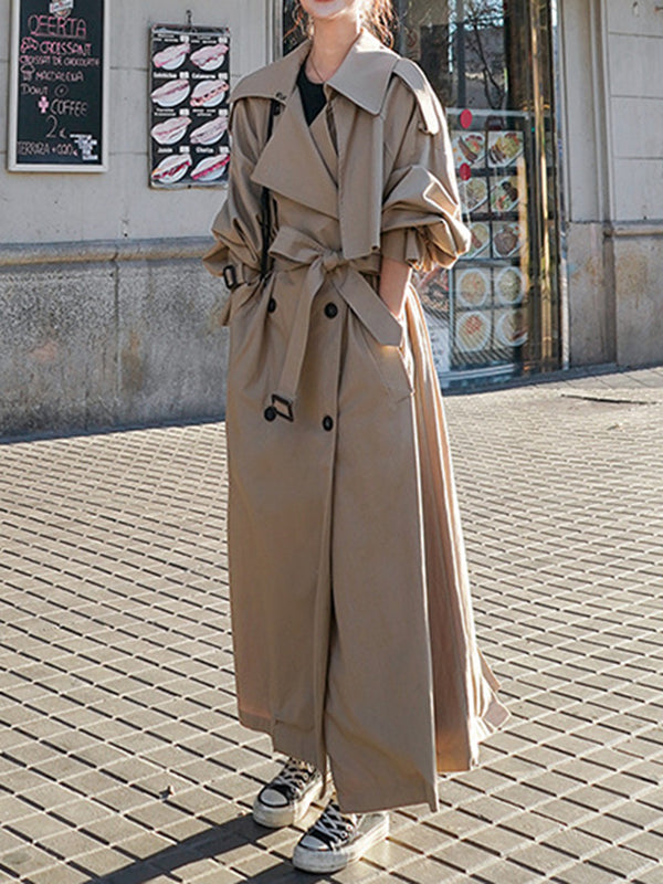 Long Sleeves Loose Buckle Buttoned Split-Back Tied Waist Lapel Outerwear Trench Coats