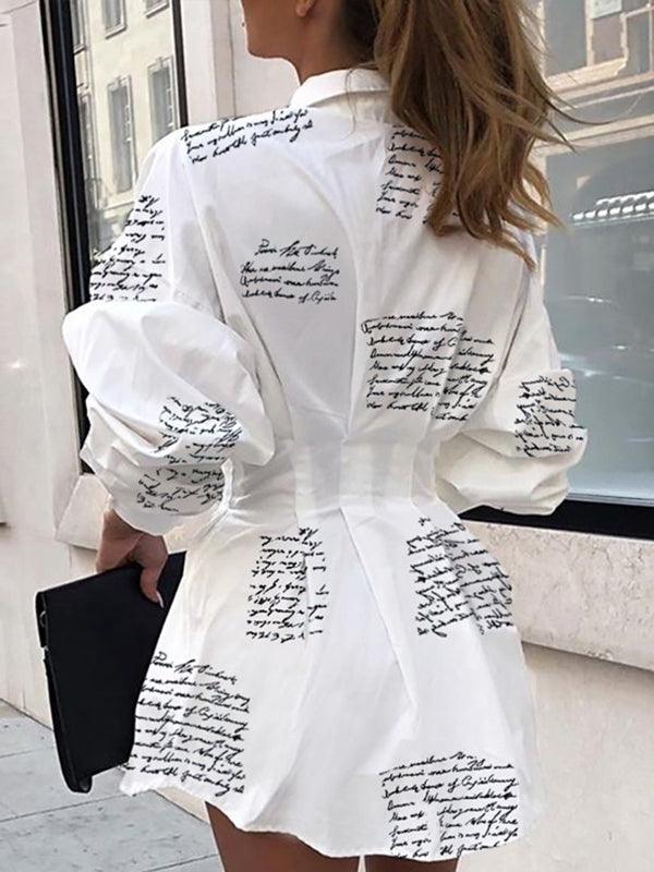 Long Sleeves Loose Letter Print Pleated Split-Joint Lapel Mini Dresses Shirt Dress