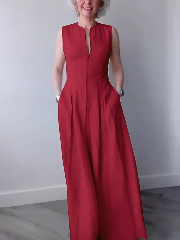 A-Line Loose Pleated Pockets Split-Joint Zipper Round-Neck Maxi Dresses