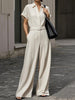 Short Sleeves Wide Leg No Belt Solid Color Zipper Lapel Jumpsuits