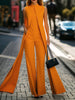 High Waisted Loose Pockets Solid Color Round-Neck Jumpsuits