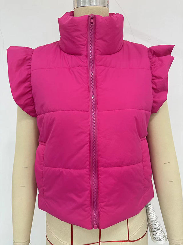 Flared Sleeves Pleated Solid Color Split-Joint High Neck Padded Vest