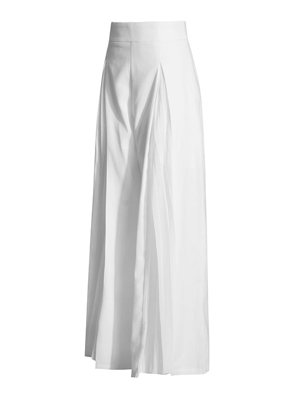 Long Sleeves Buttoned Solid Color Split-Joint Round-Neck Blazers Top + Zipper Wide Leg Mesh Pleated Pants Bottom Two Pieces Set