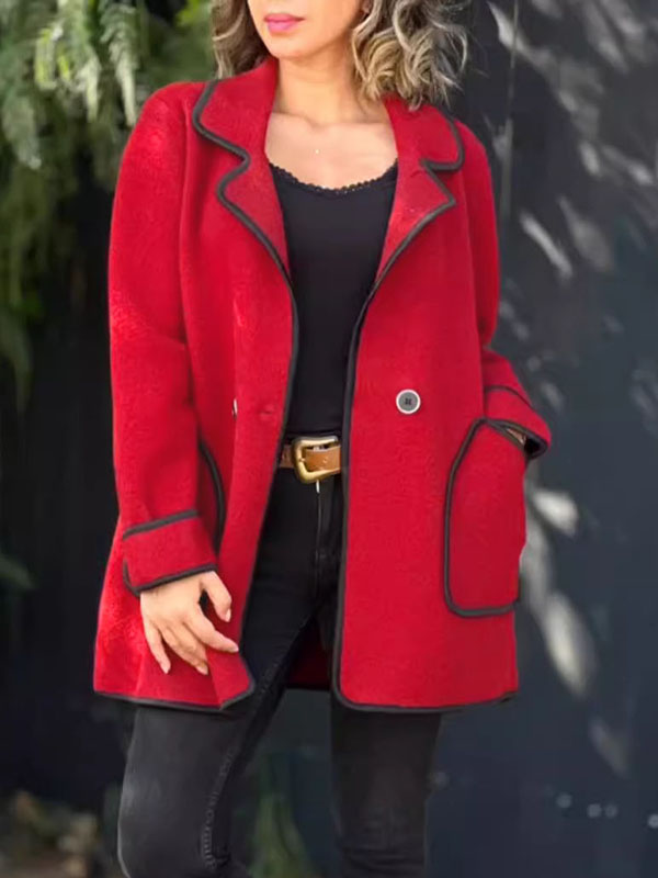 Long Sleeves Loose Buttoned Pockets Split-Joint Notched Collar Woolen Coat